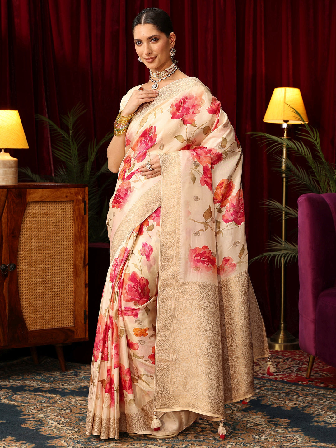 Libas Art Cream Floral Printed Silk Blend Saree with Woven Design Border 