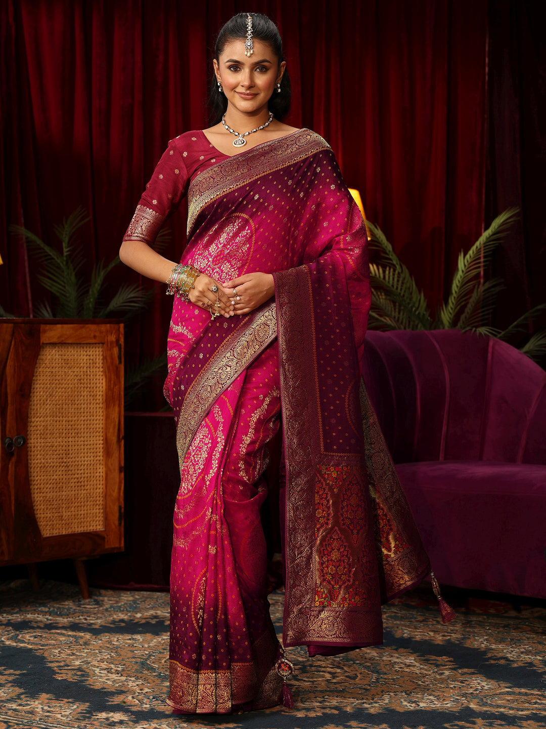  Libas Art Ombre Pink Bandhani Silk Blend Saree with Woven Floral Design 