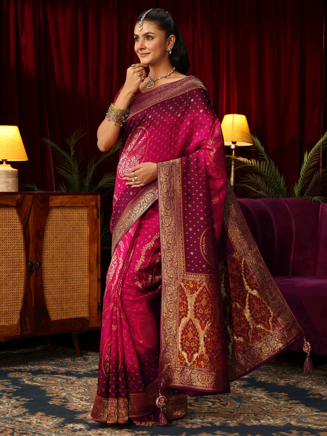  Libas Art Ombre Pink Bandhani Silk Blend Saree with Woven Floral Design 