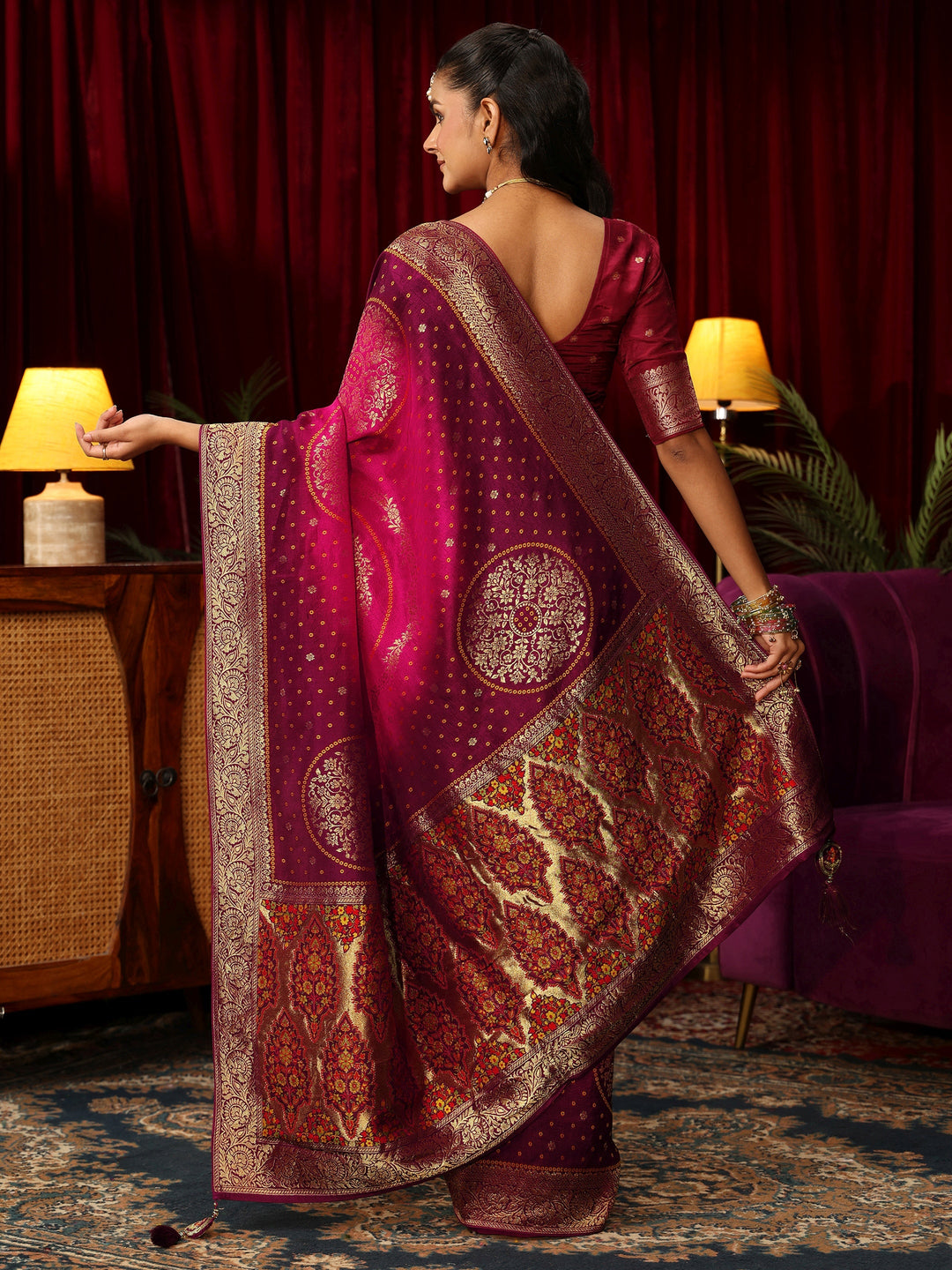  Libas Art Ombre Pink Bandhani Silk Blend Saree with Woven Floral Design 