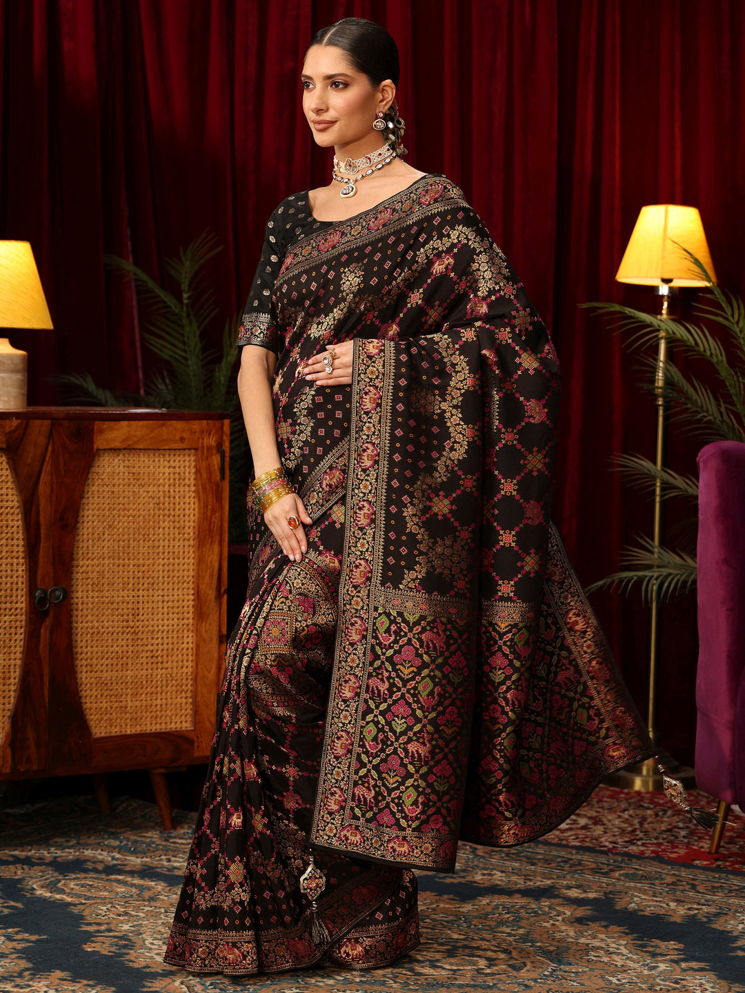  Libas Art Black Woven Design Silk Blend Saree with Patola Pallu 