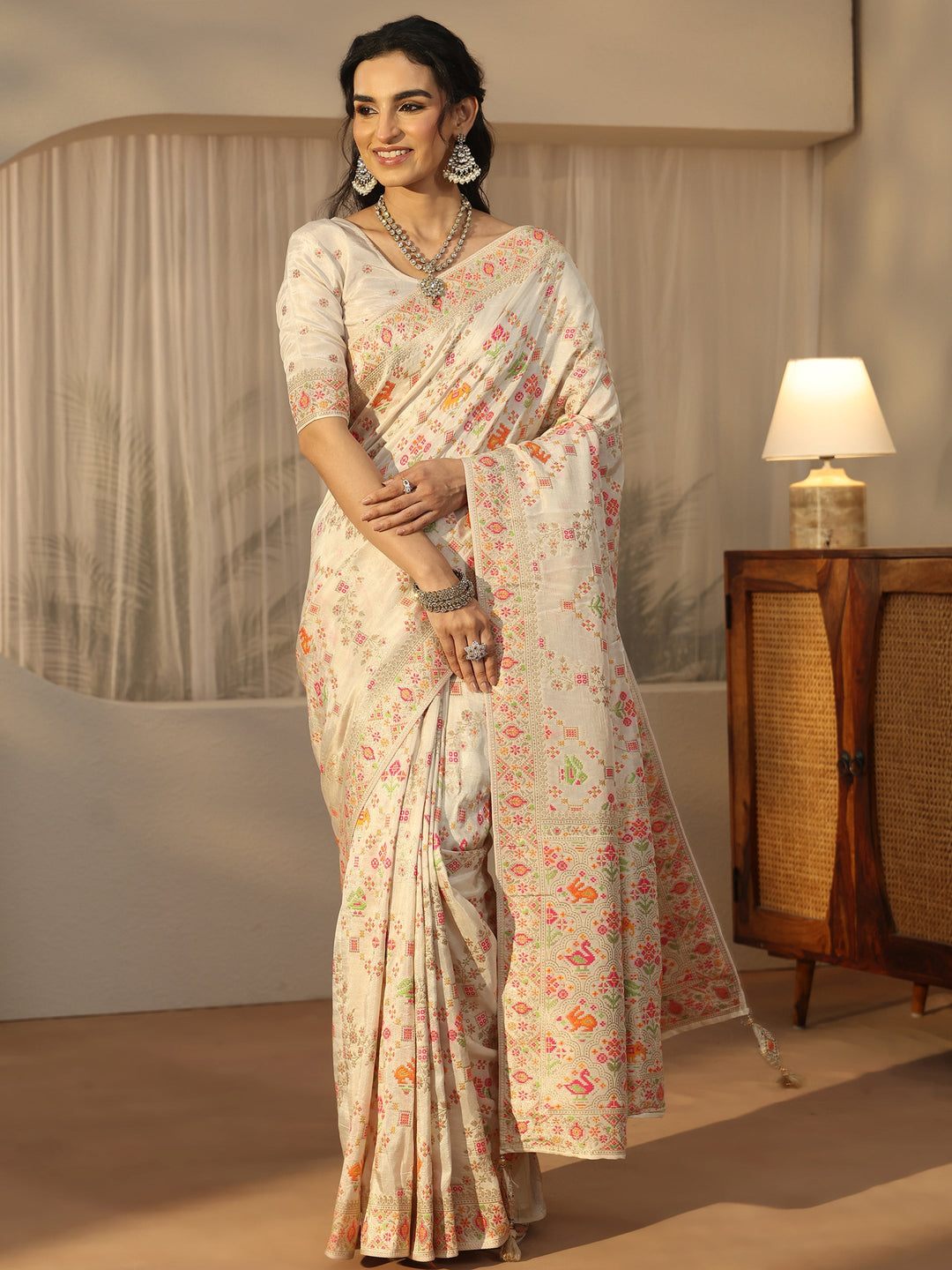  Libas Art Cream Woven Design Silk Blend Saree 