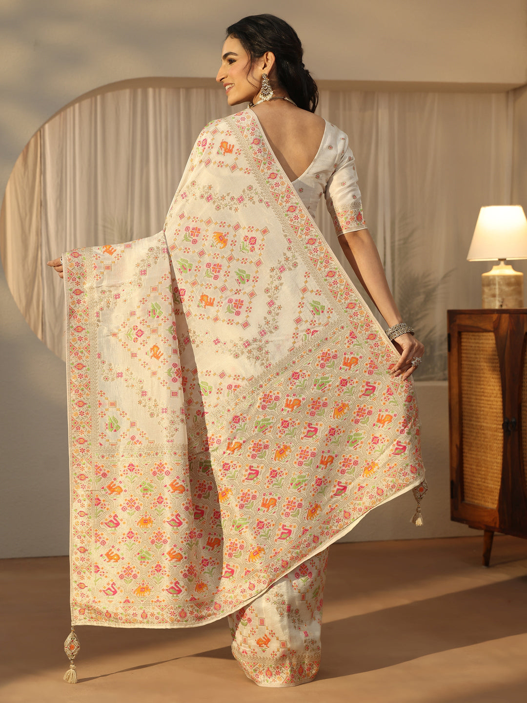  Libas Art Cream Woven Design Silk Blend Saree 