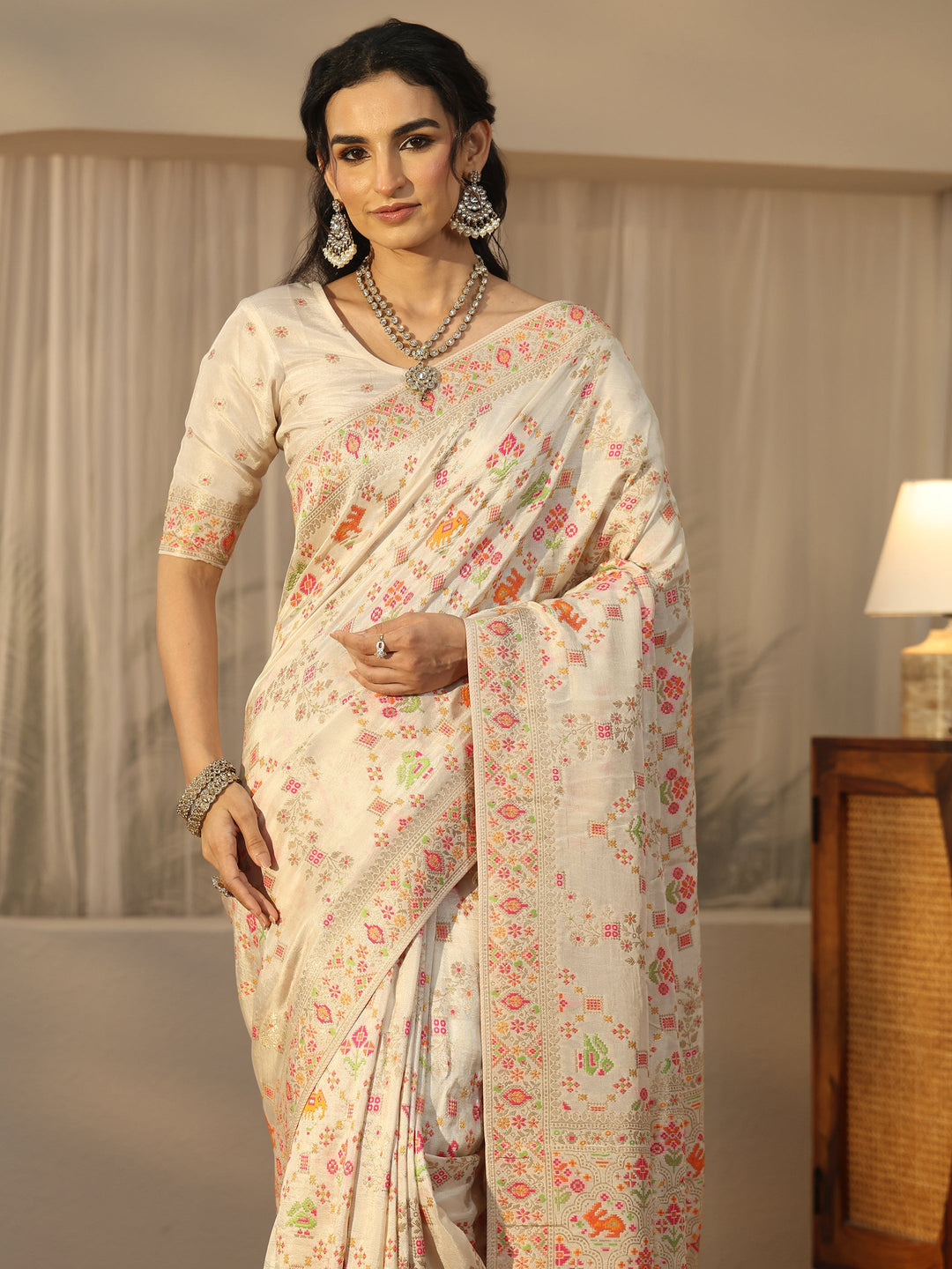 Libas Art Cream Woven Design Silk Blend Saree 