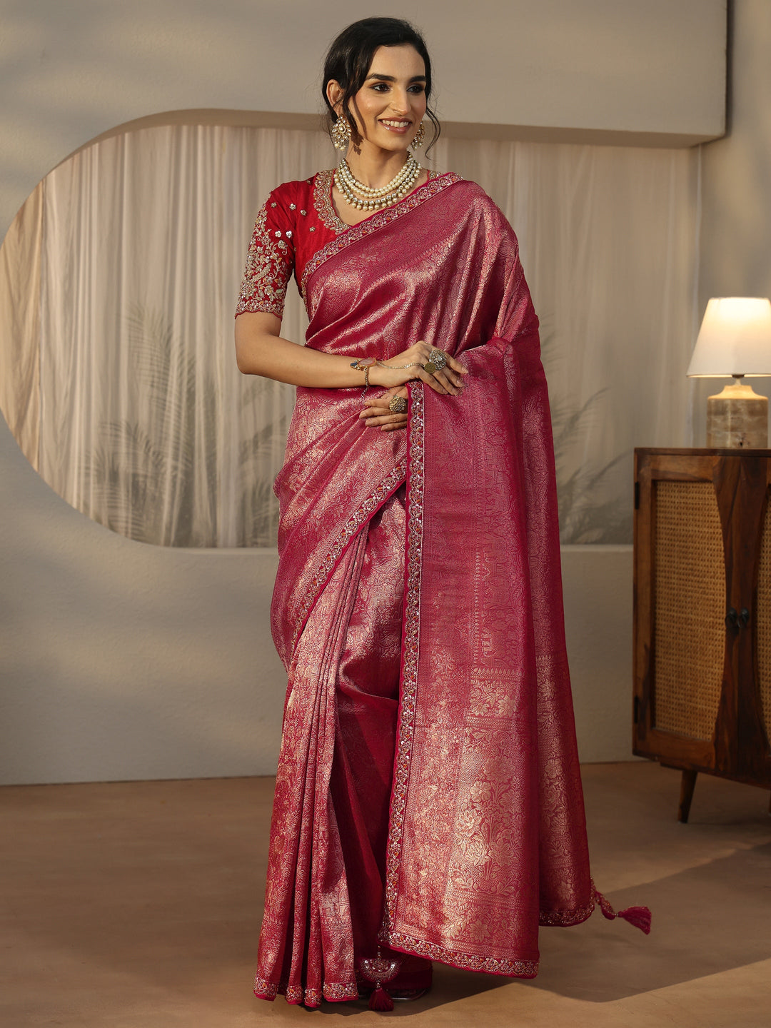  Libas Art Pink Textured Silk Blend Saree with Embellished Border 