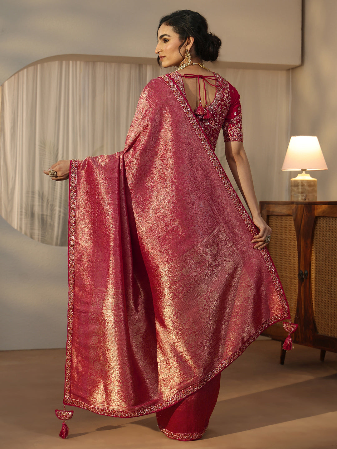  Libas Art Pink Textured Silk Blend Saree with Embellished Border 