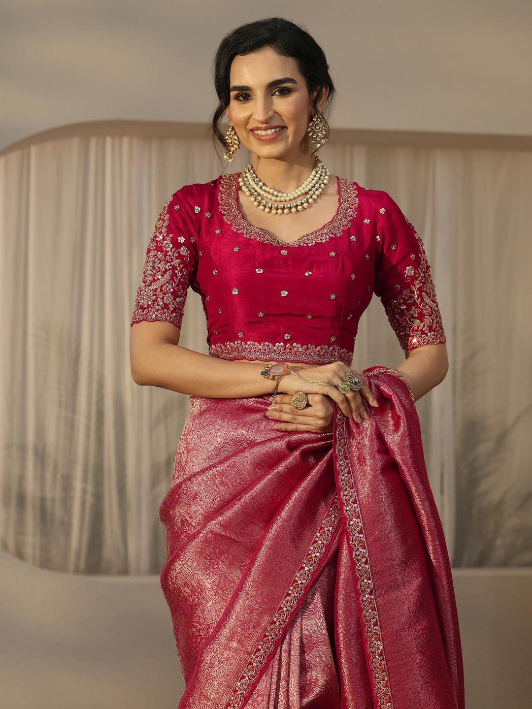  Libas Art Pink Textured Silk Blend Saree with Embellished Border 