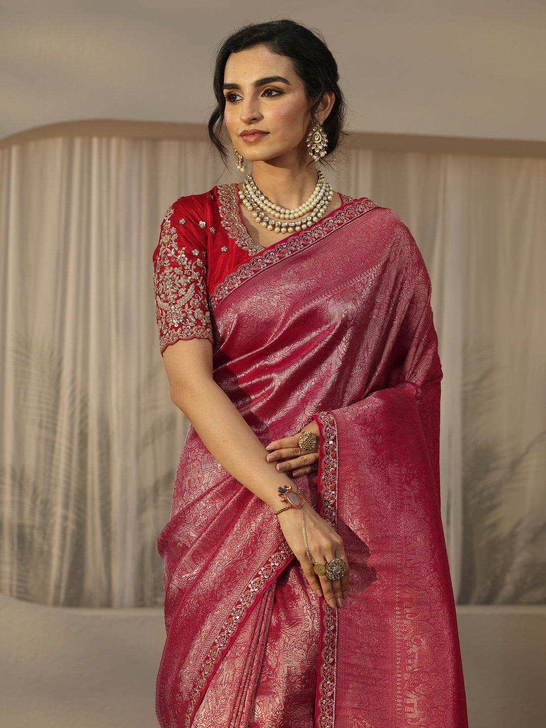  Libas Art Pink Textured Silk Blend Saree with Embellished Border 