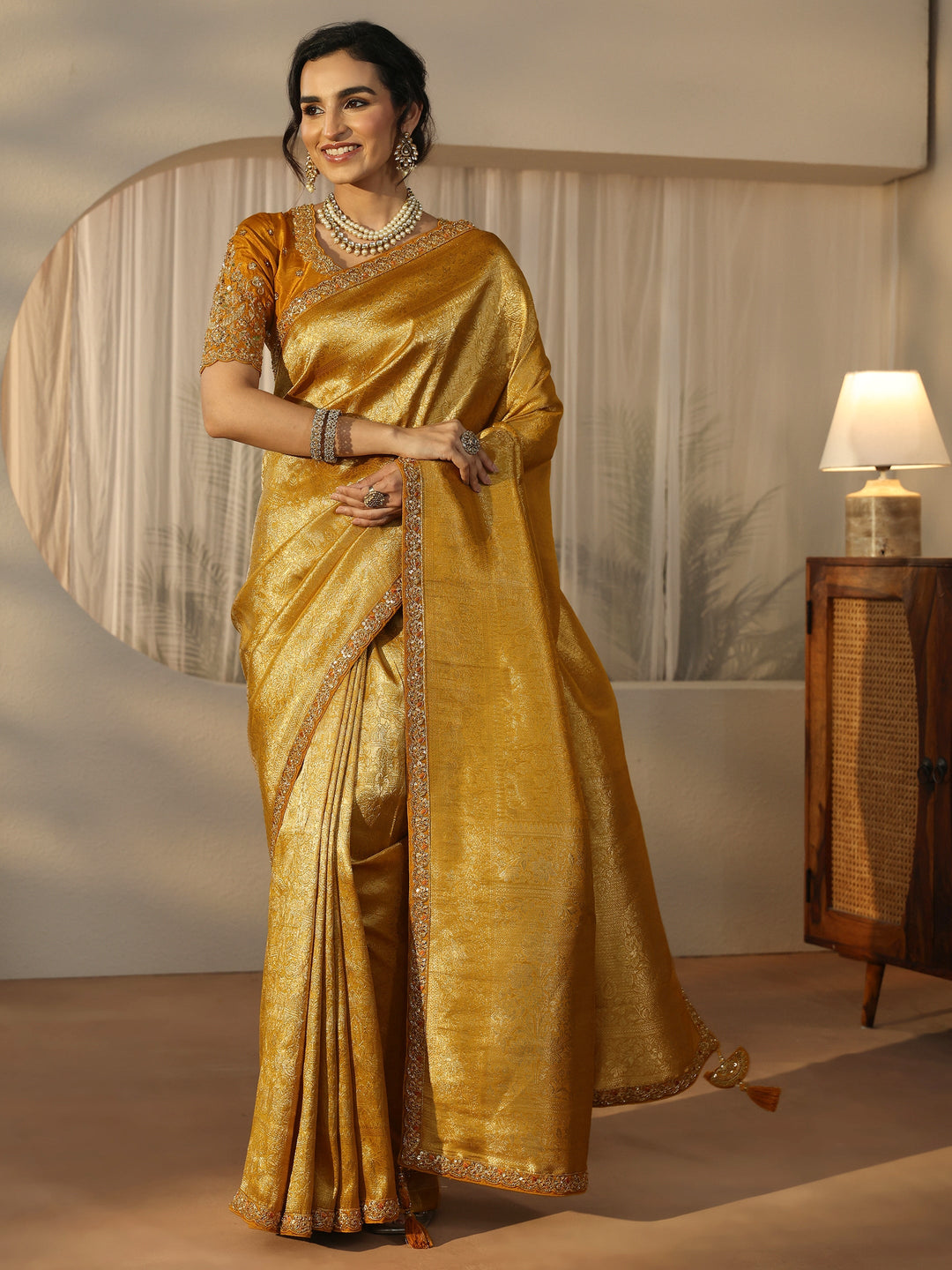  Libas Art Mustard Textured Silk Blend Saree with Embellished Border 