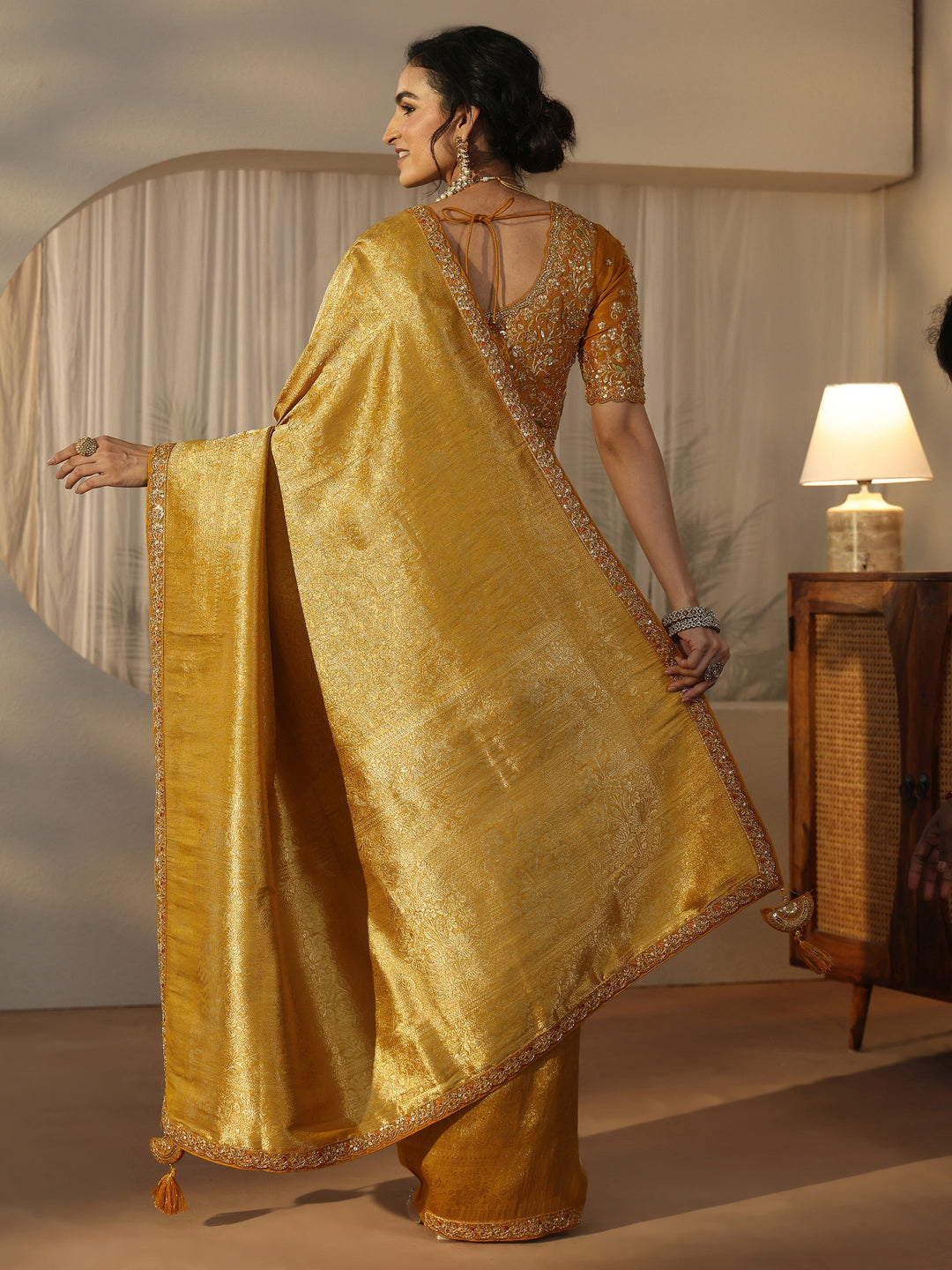  Libas Art Mustard Textured Silk Blend Saree with Embellished Border 