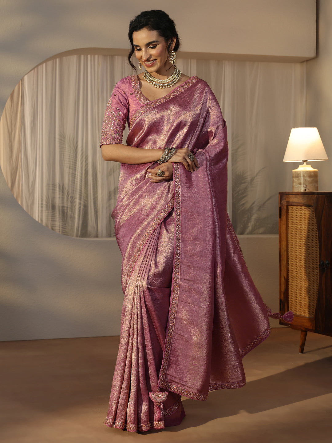  Libas Art Lavender Textured Silk Blend Saree with Embellished Border 