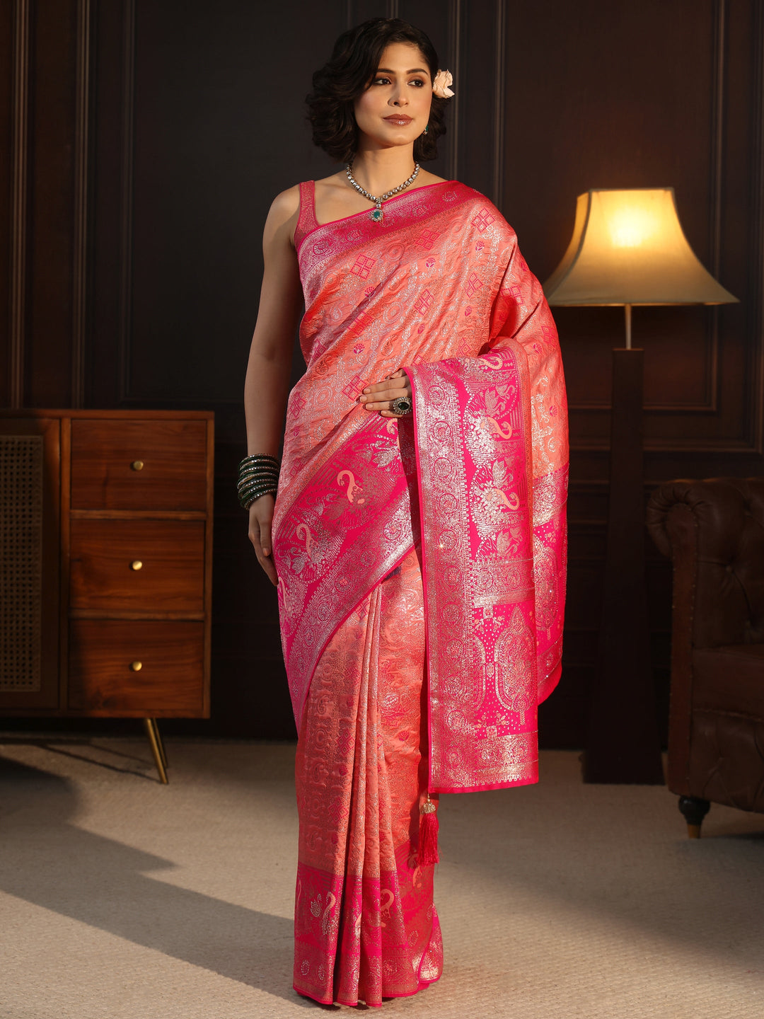  Libas Peach and Pink Woven Design Silk Blend Saree 