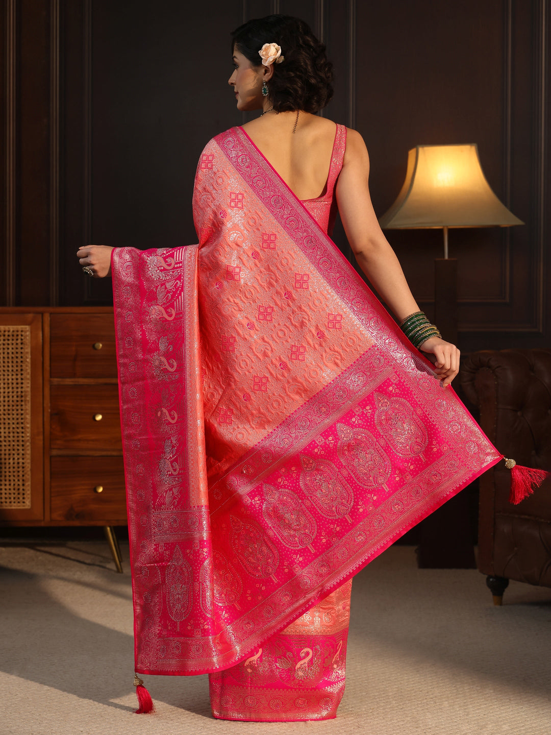  Libas Peach and Pink Woven Design Silk Blend Saree 