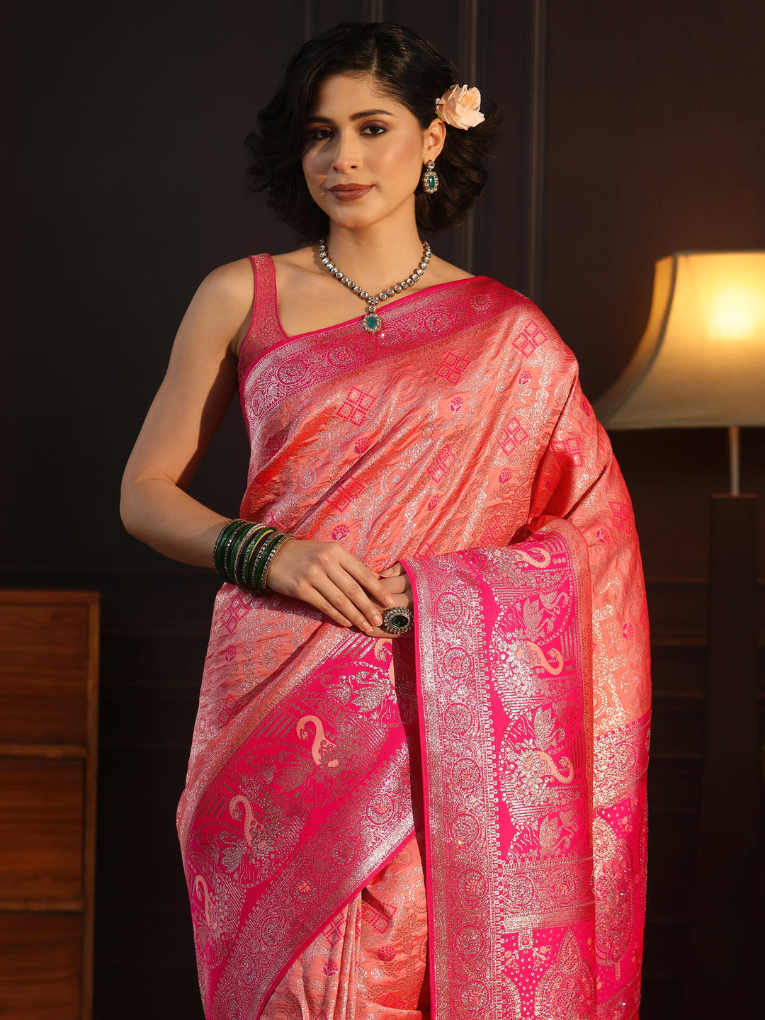  Libas Peach and Pink Woven Design Silk Blend Saree 