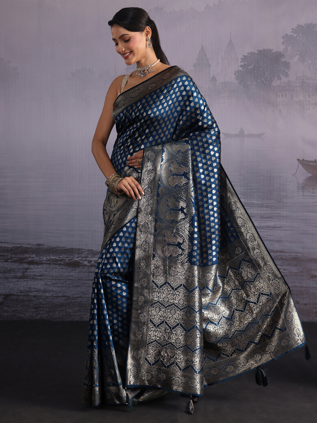  Libas Prussian Blue Banarasi Silk Blend Saree 