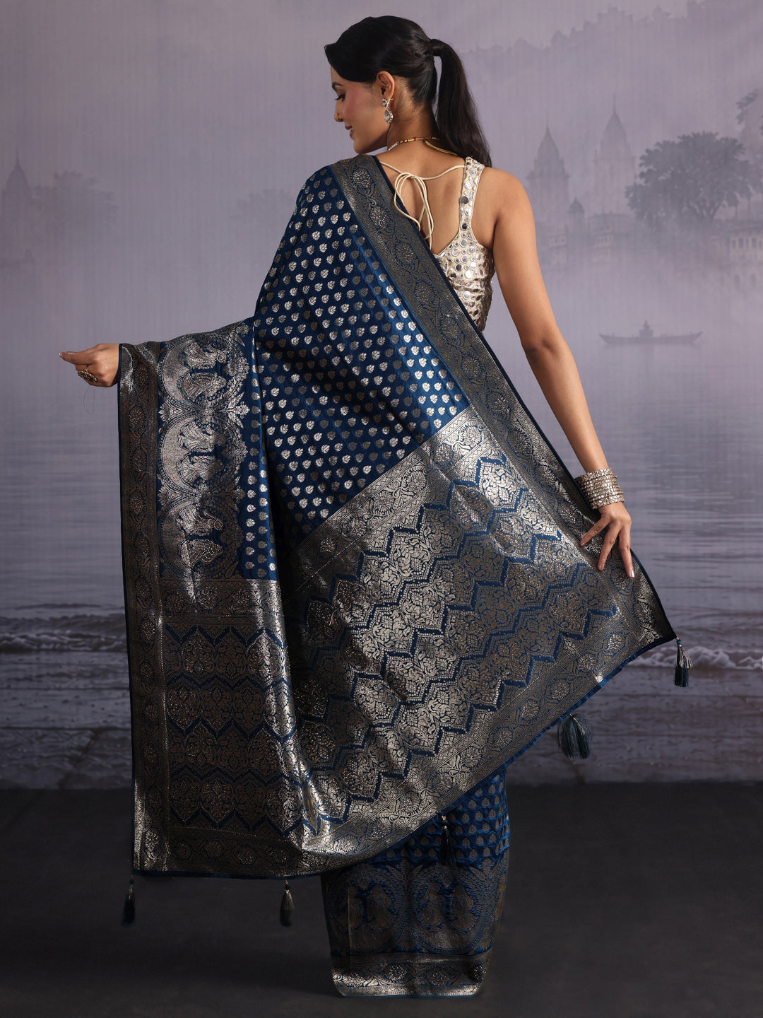  Libas Prussian Blue Banarasi Silk Blend Saree 