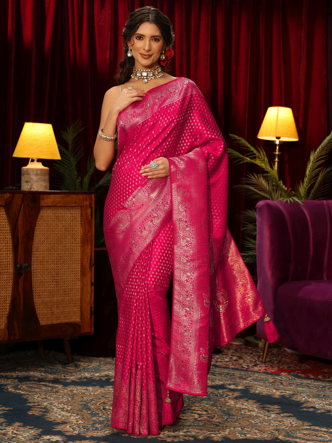  Libas Rani Pink Woven Design Silk Blend Saree 