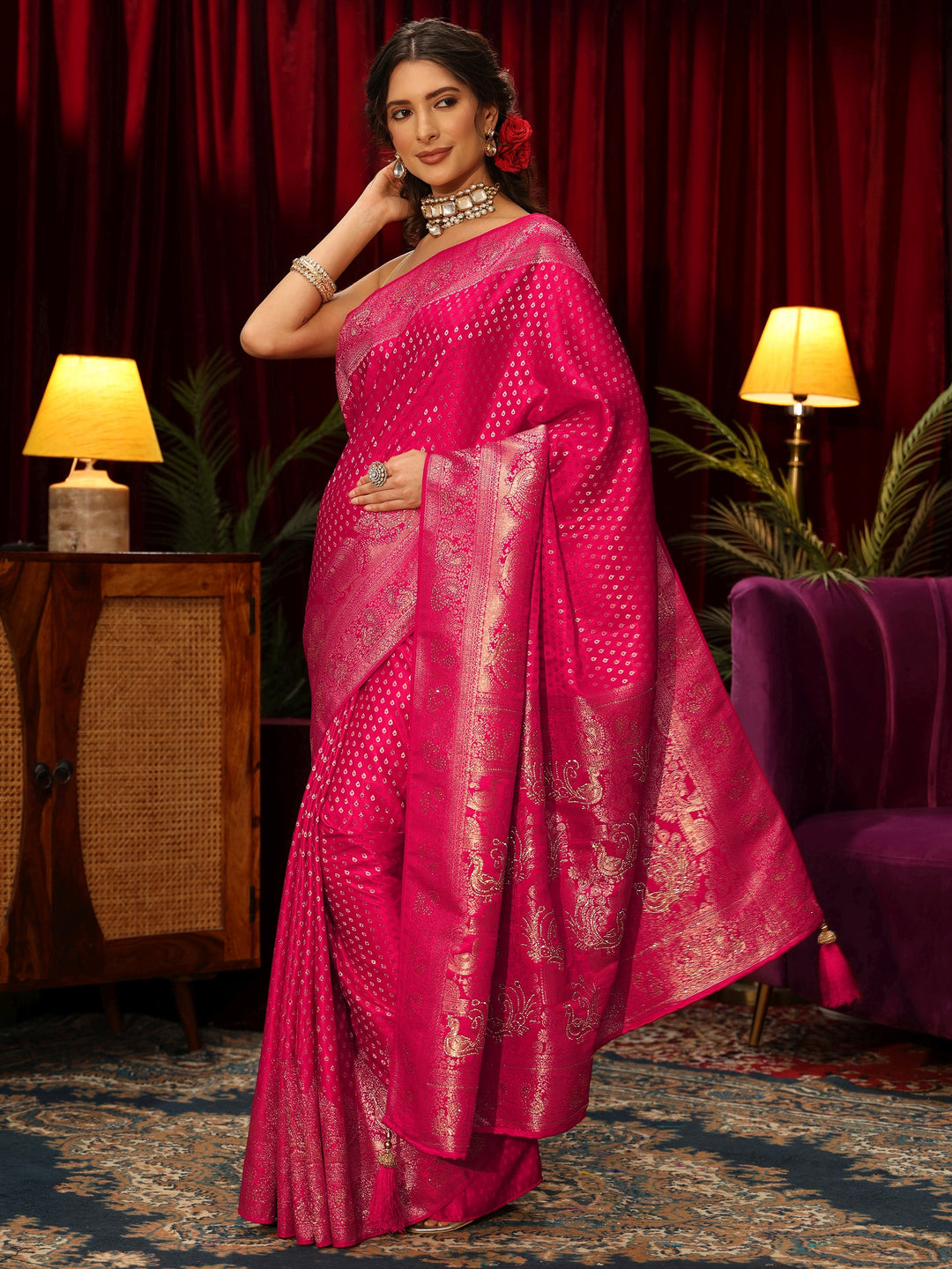  Libas Rani Pink Woven Design Silk Blend Saree 