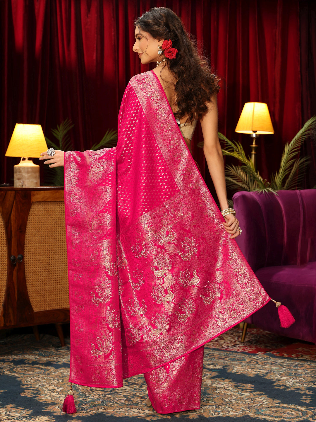  Libas Rani Pink Woven Design Silk Blend Saree 