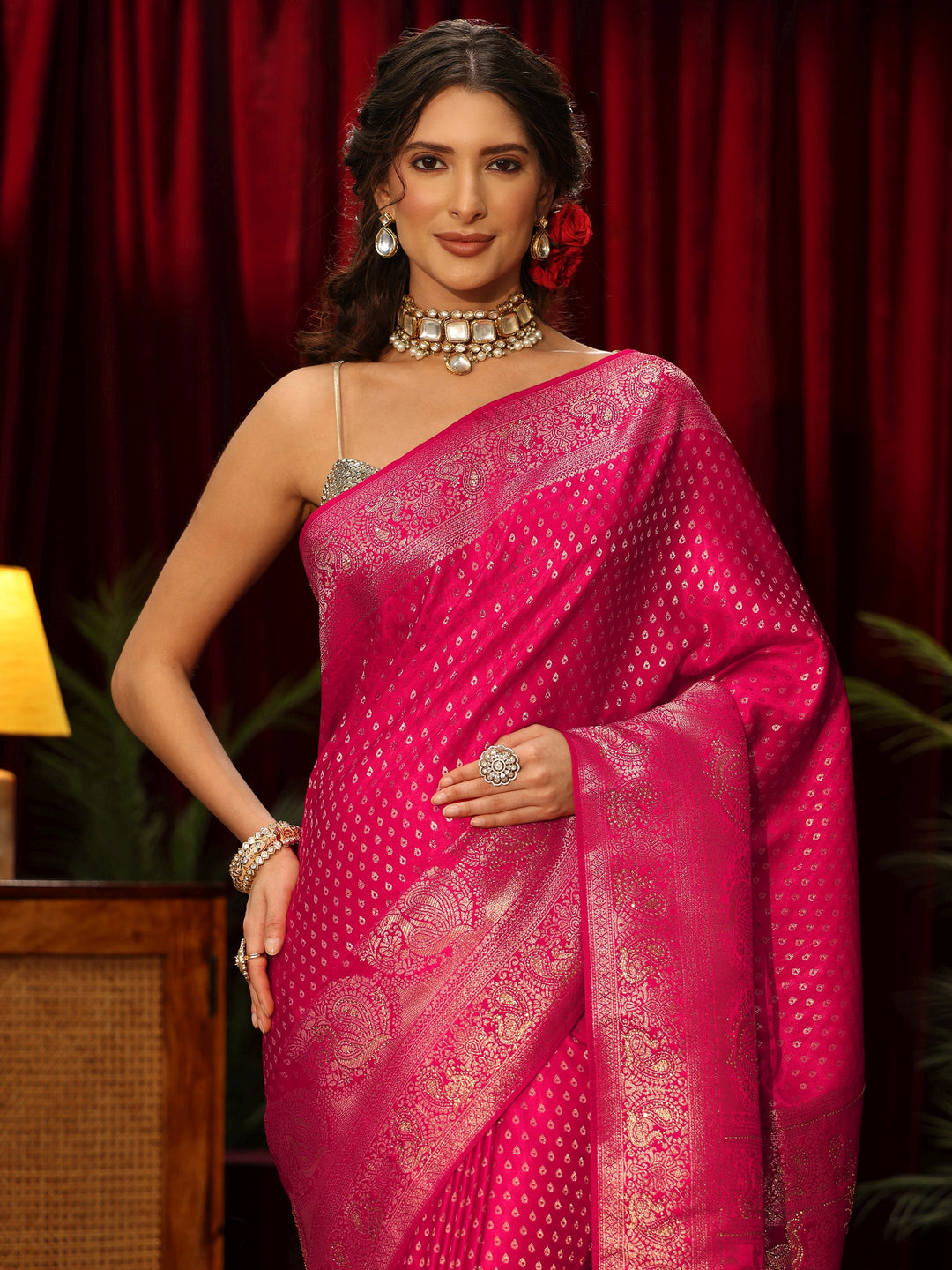  Libas Rani Pink Woven Design Silk Blend Saree 