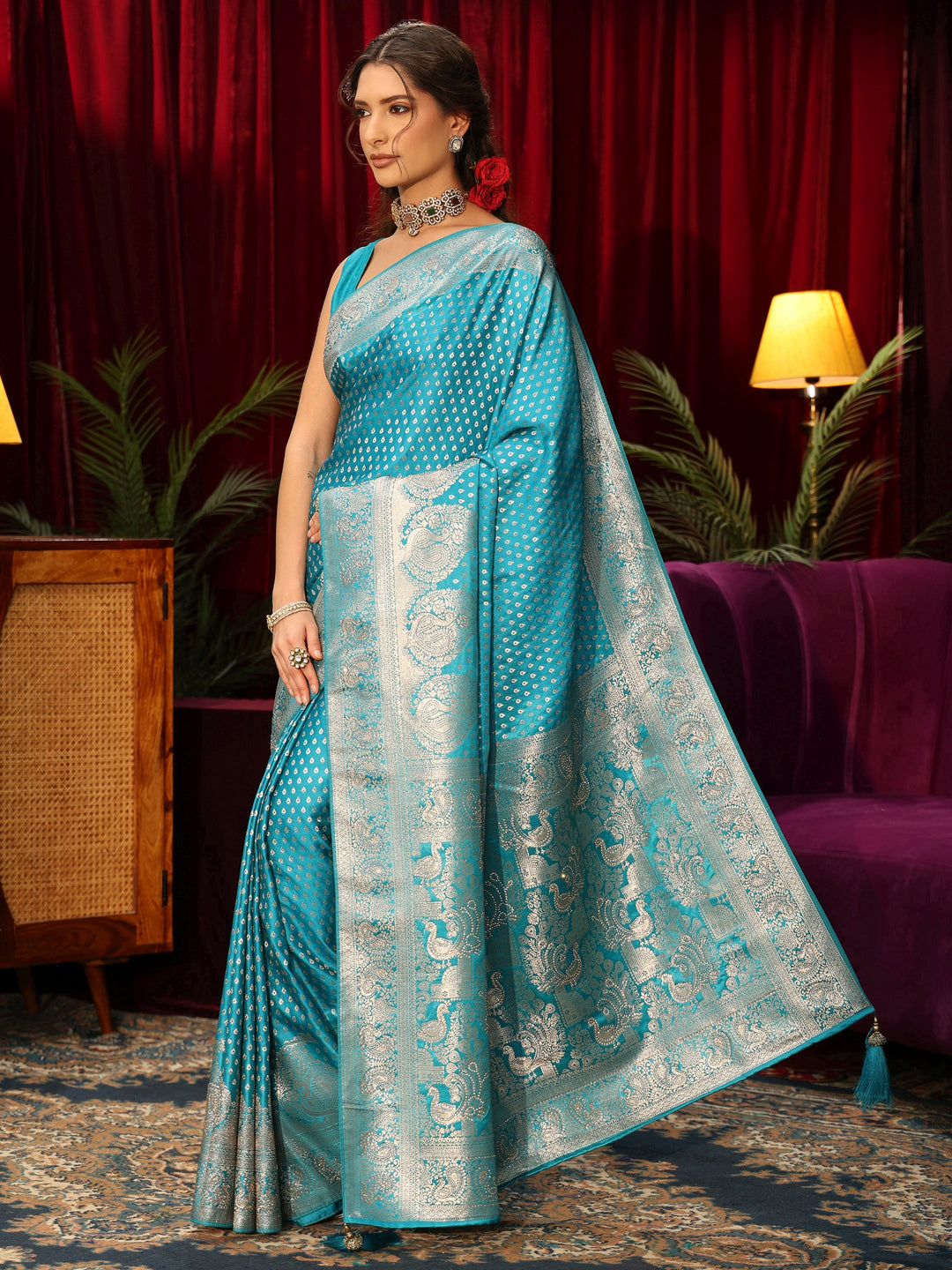  Libas Turquoise Blue Woven Design Silk Blend Saree 