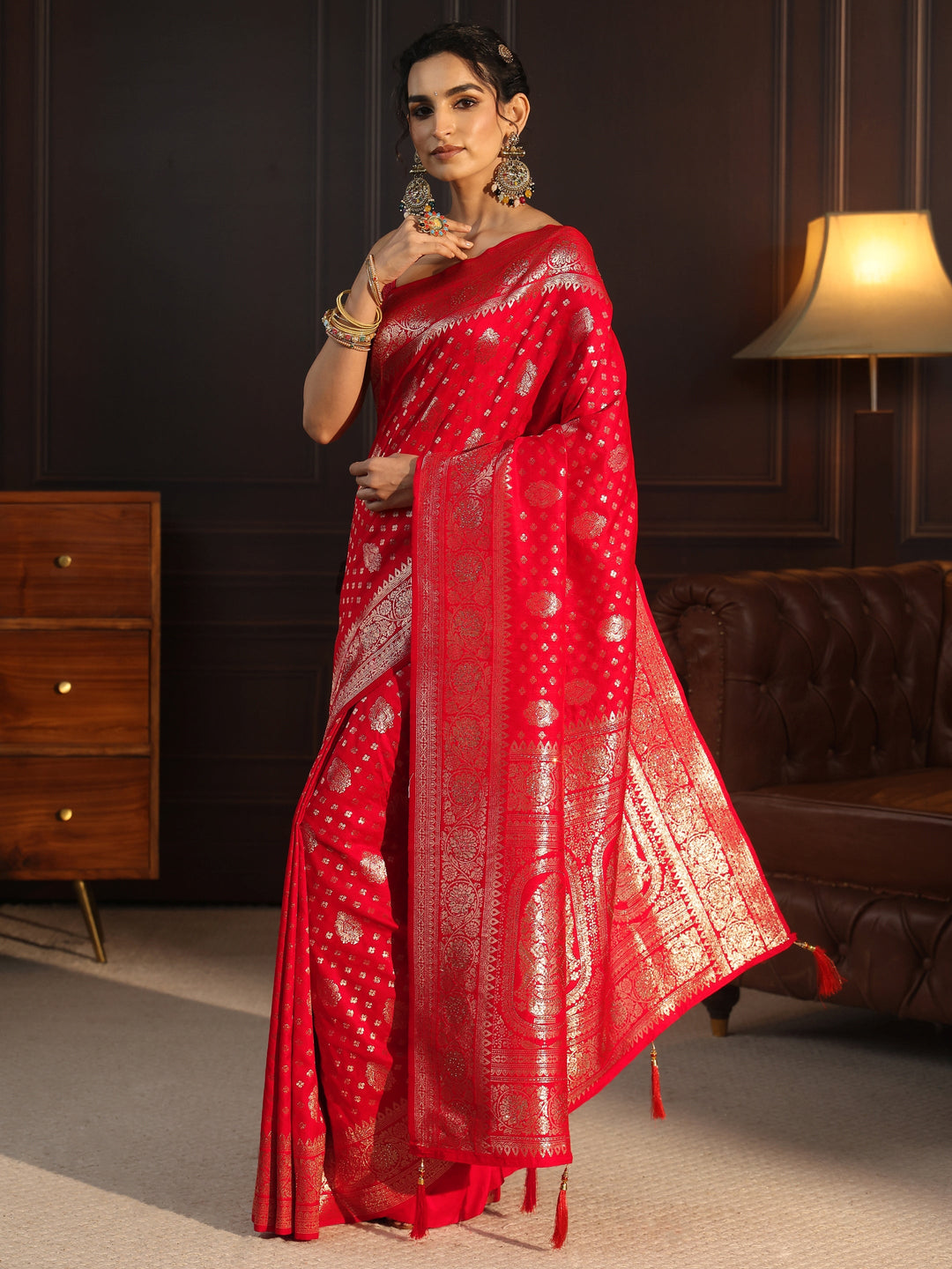  Libas Red Floral Woven Design Silk Blend Saree 