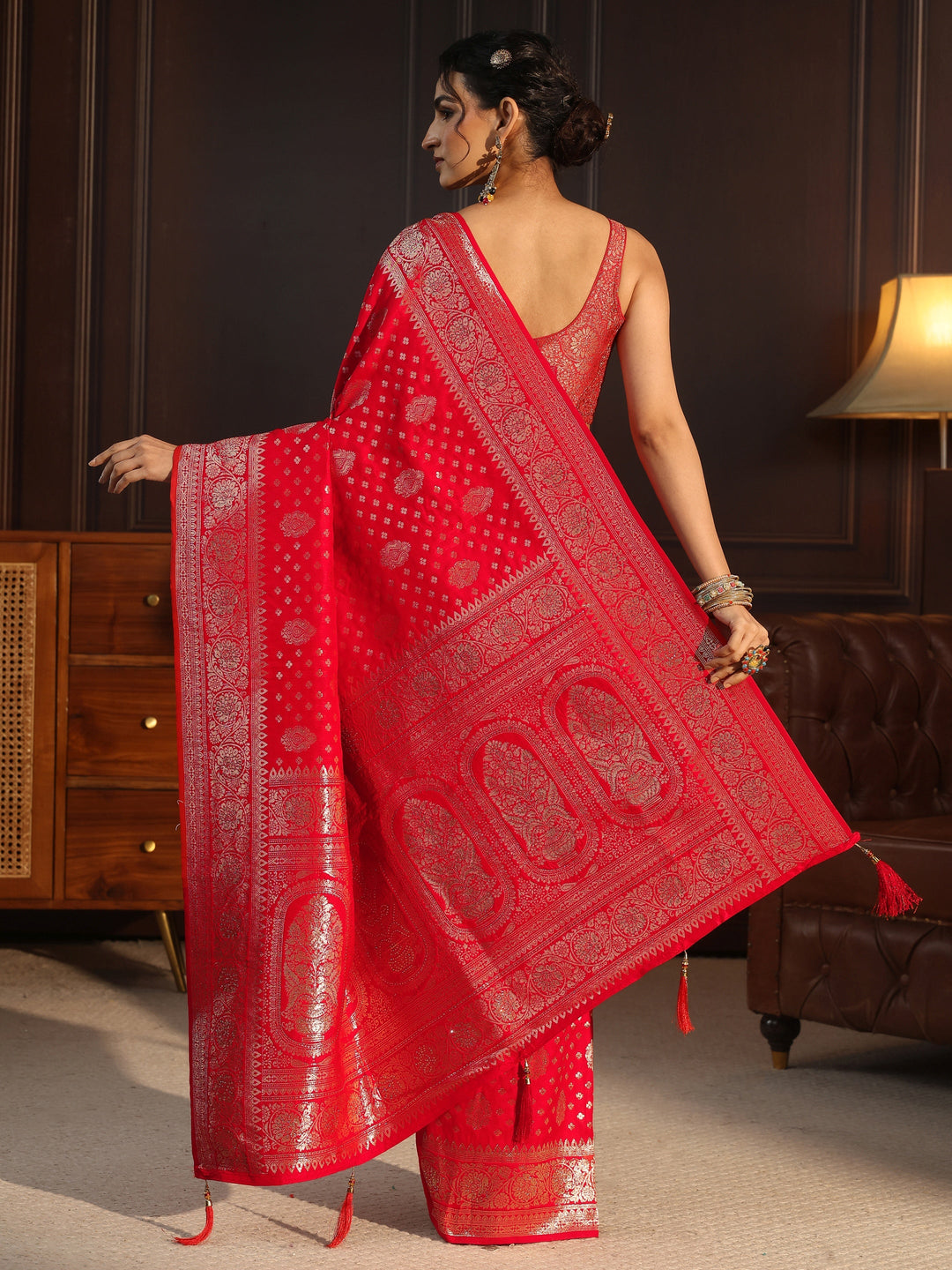  Libas Red Floral Woven Design Silk Blend Saree 