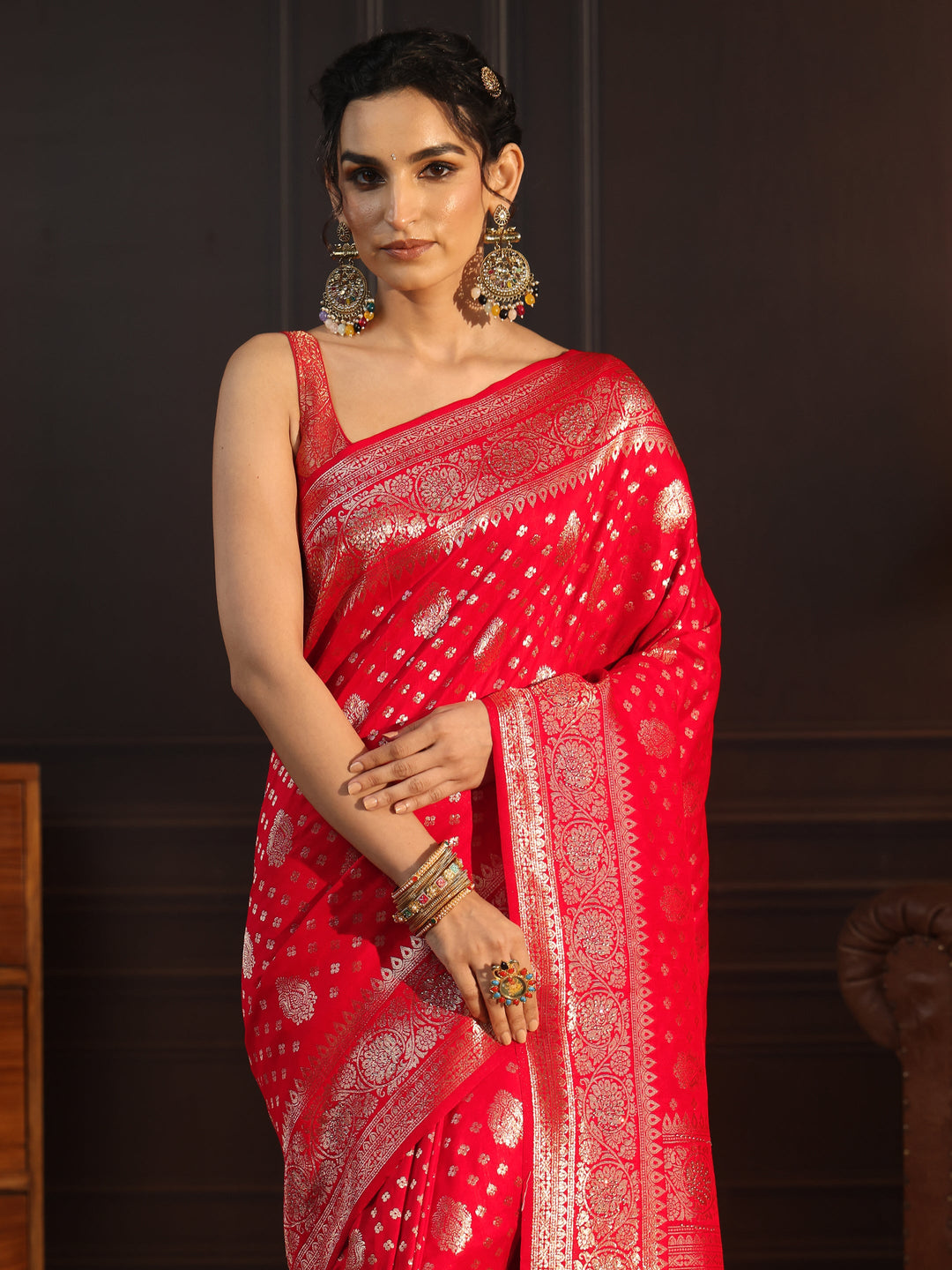  Libas Red Floral Woven Design Silk Blend Saree 