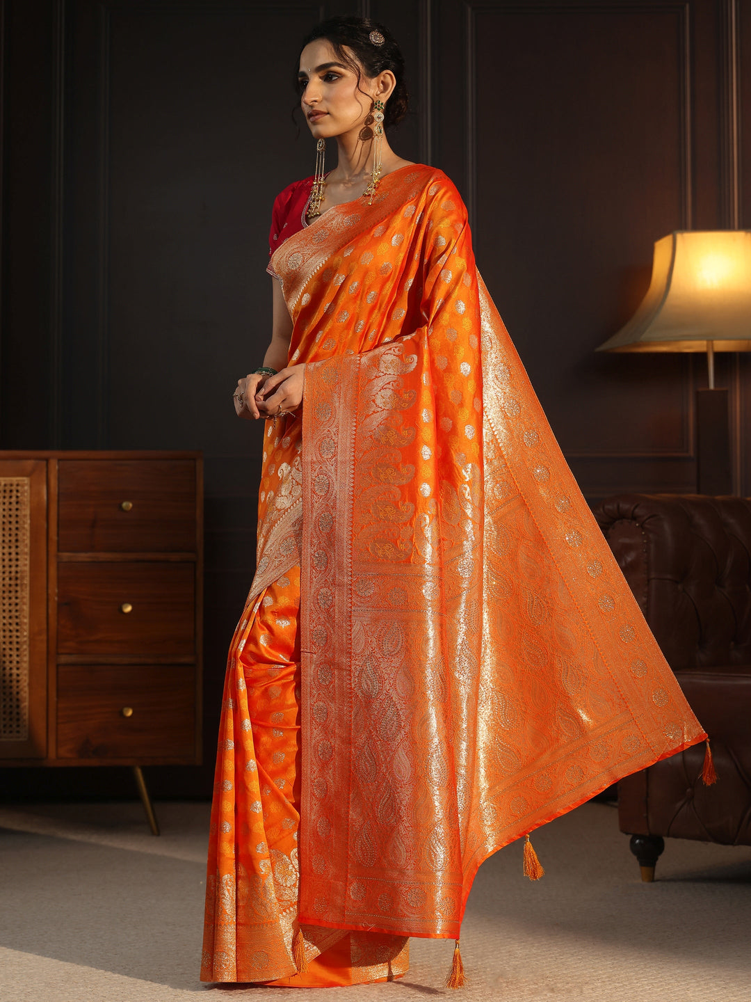  Libas Orange Paisley Woven Design Silk Blend Saree 
