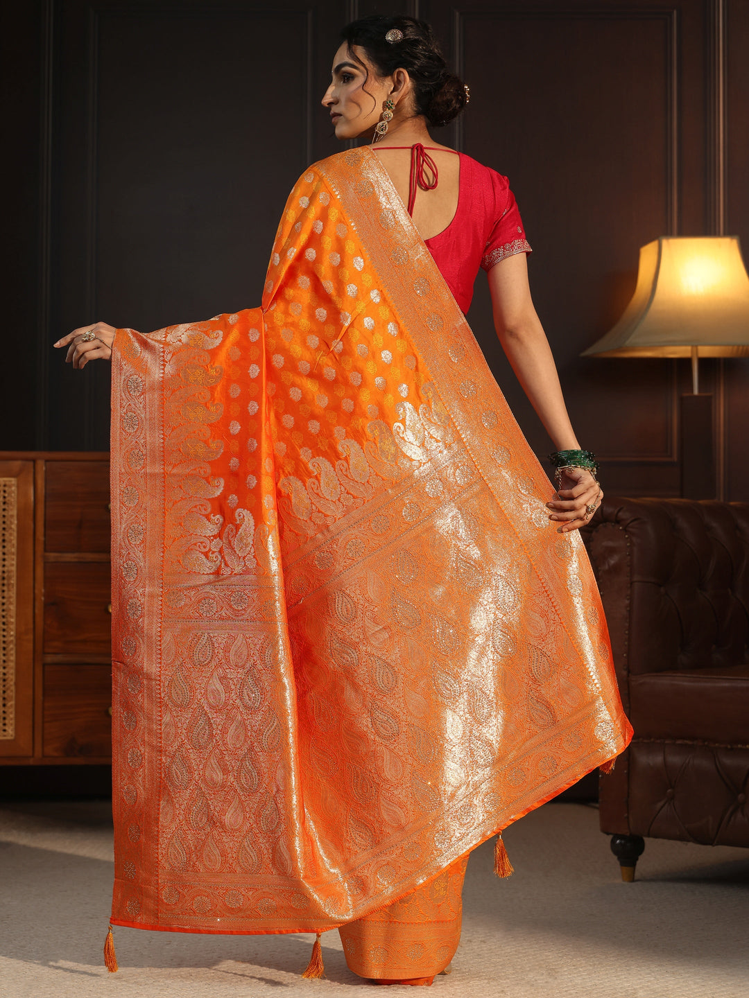  Libas Orange Paisley Woven Design Silk Blend Saree 