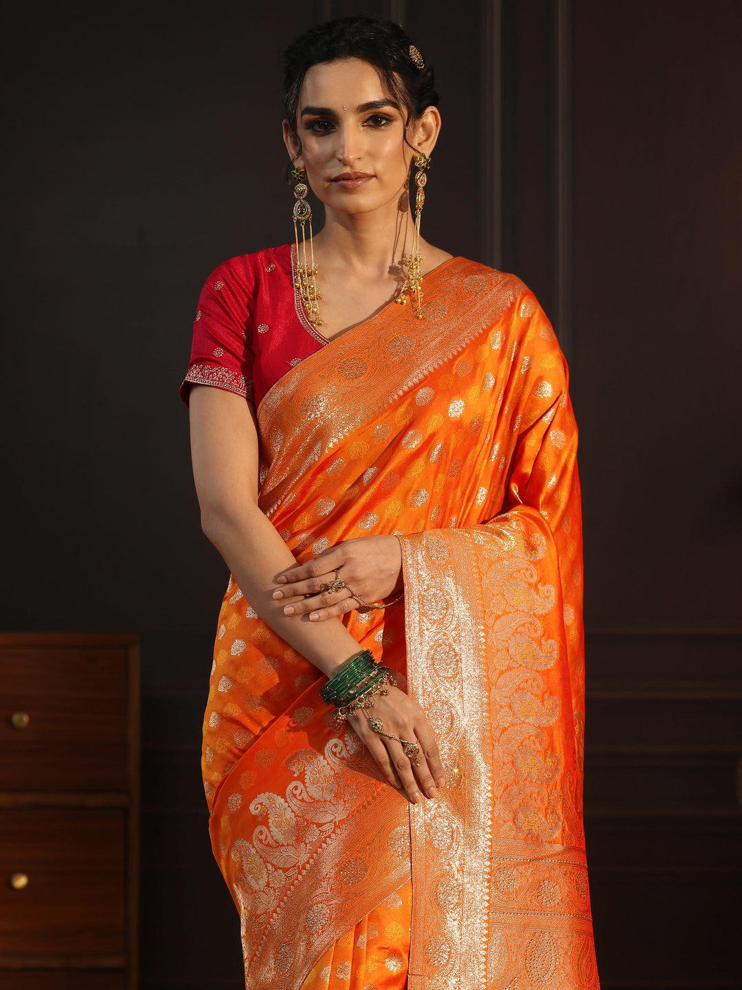  Libas Orange Paisley Woven Design Silk Blend Saree 