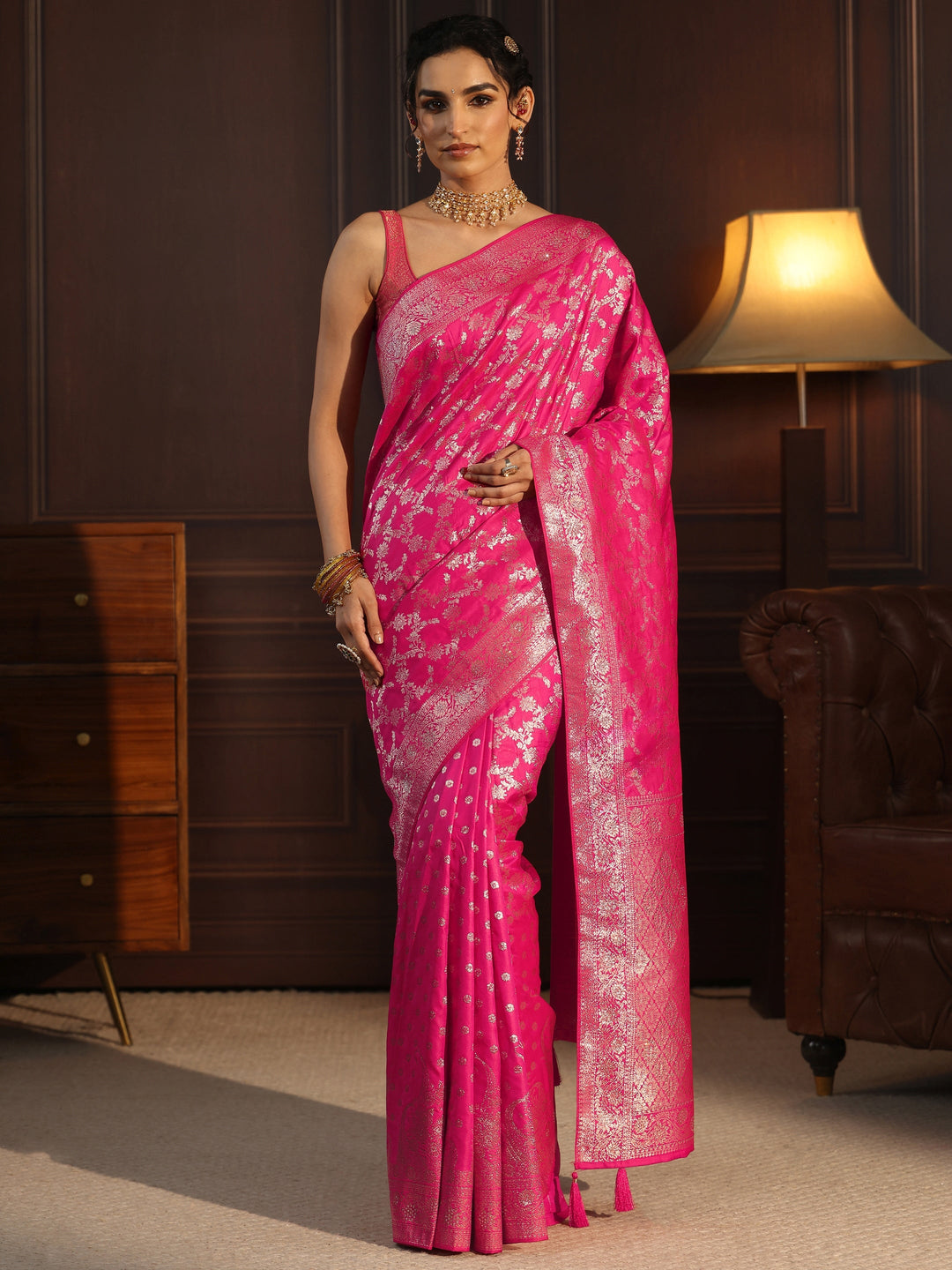  Libas Hot Pink Floral Design Brocade Saree 