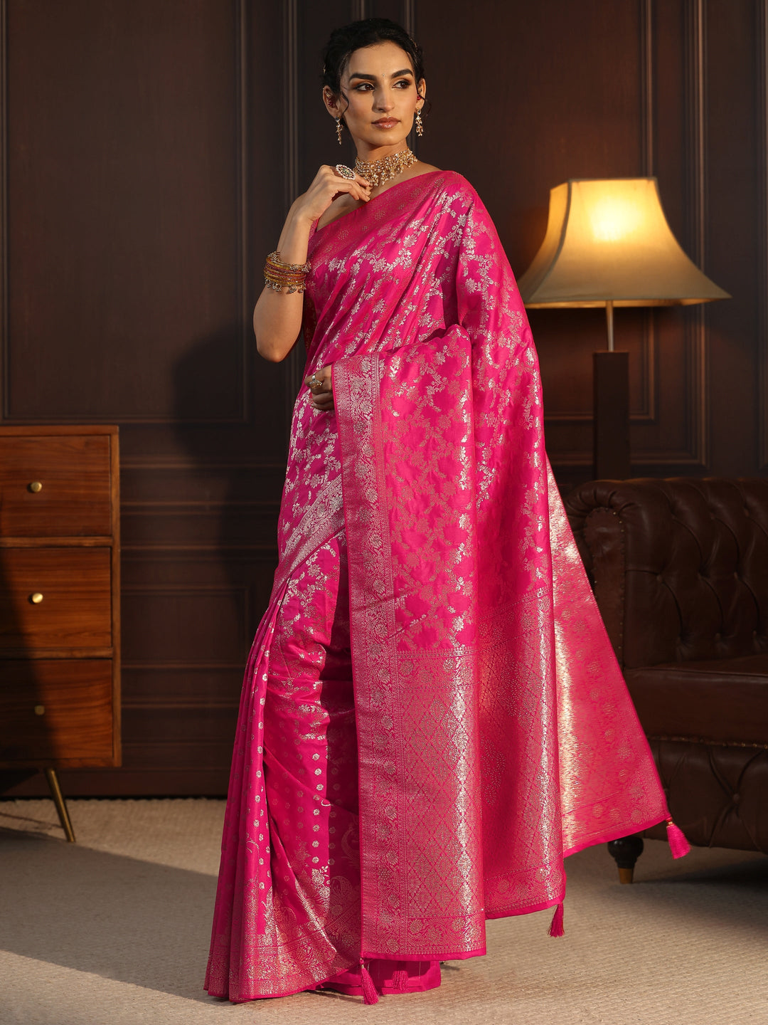  Libas Hot Pink Floral Design Brocade Saree 