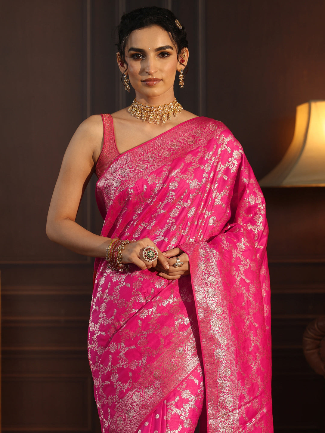  Libas Hot Pink Floral Design Brocade Saree 