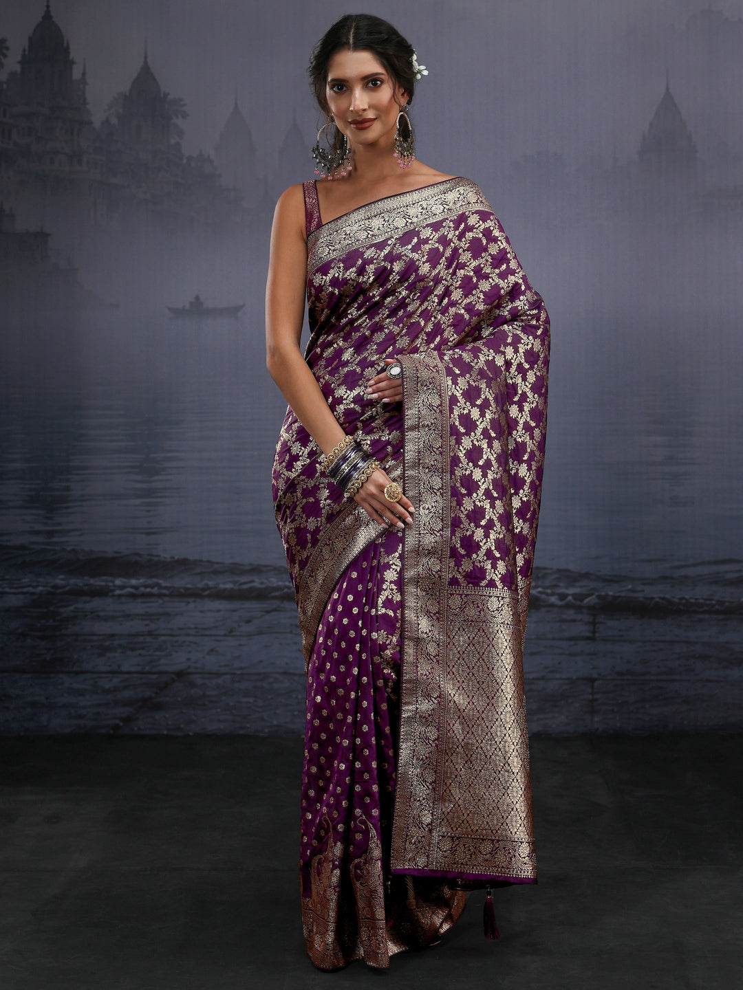  Libas Plum Purple Banarasi Brocade Tassel Saree 