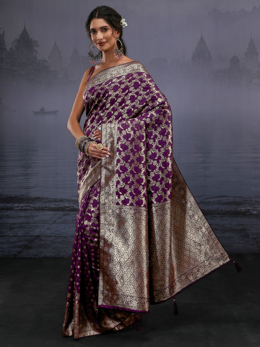  Libas Plum Purple Banarasi Brocade Tassel Saree 