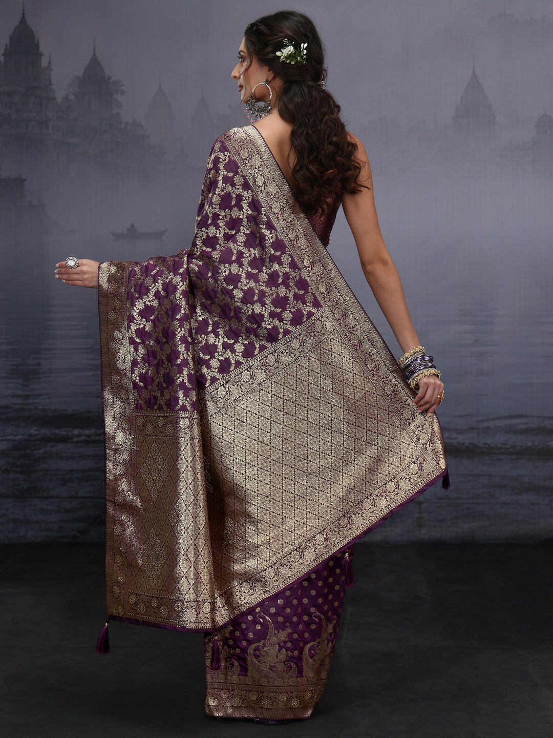  Libas Plum Purple Banarasi Brocade Tassel Saree 