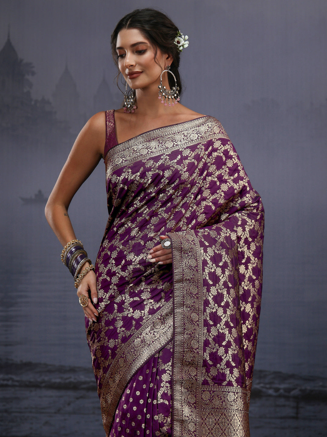  Libas Plum Purple Banarasi Brocade Tassel Saree 