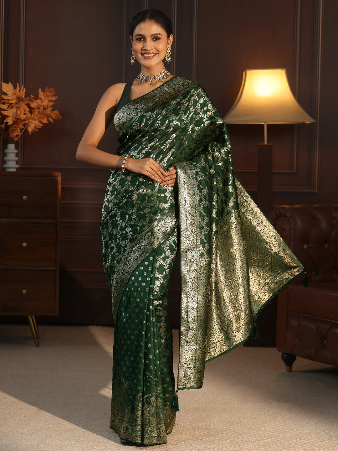  Libas Dark Green Floral Woven Design Tissue Saree 