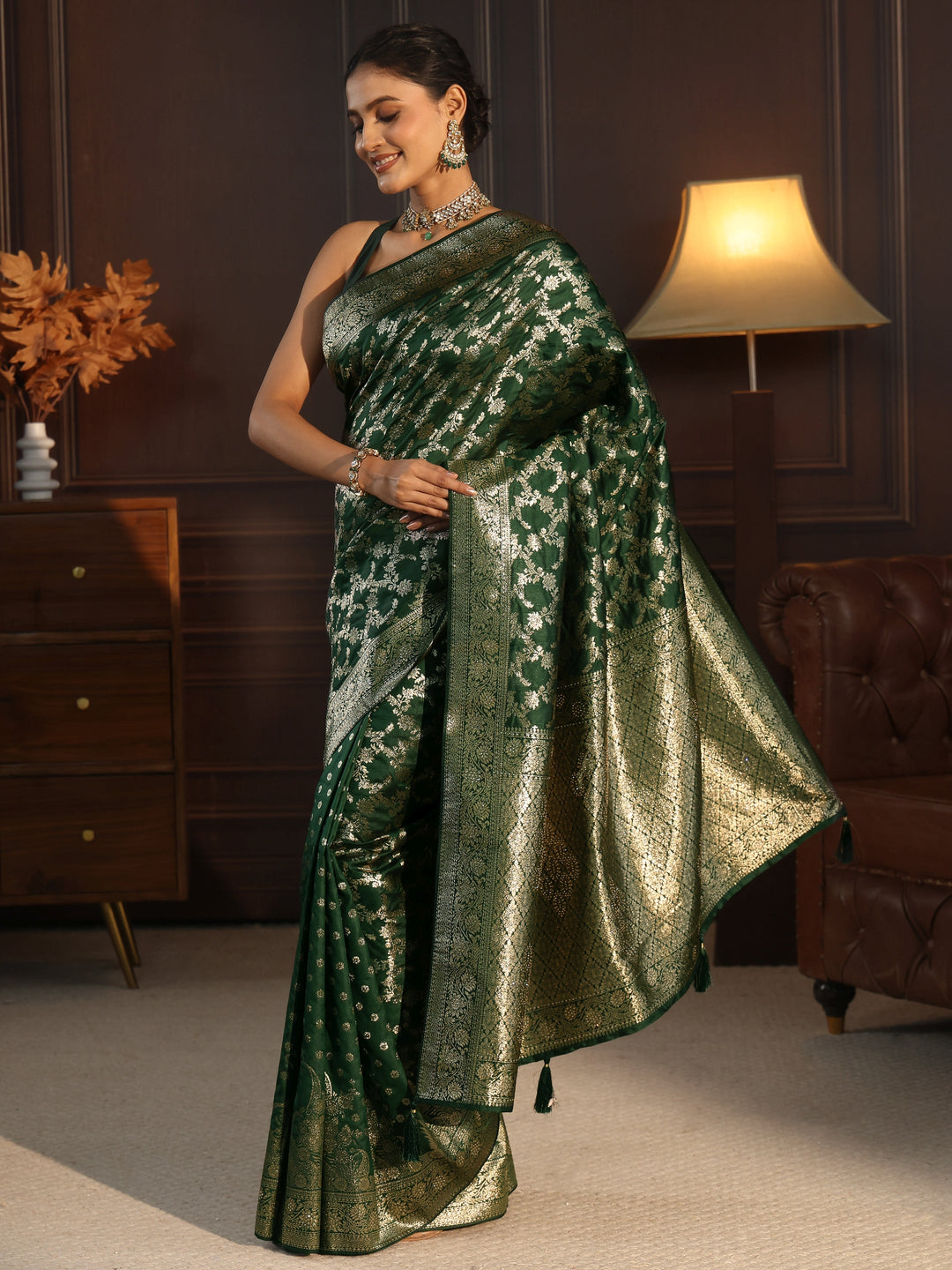 Libas Dark Green Floral Woven Design Tissue Saree 