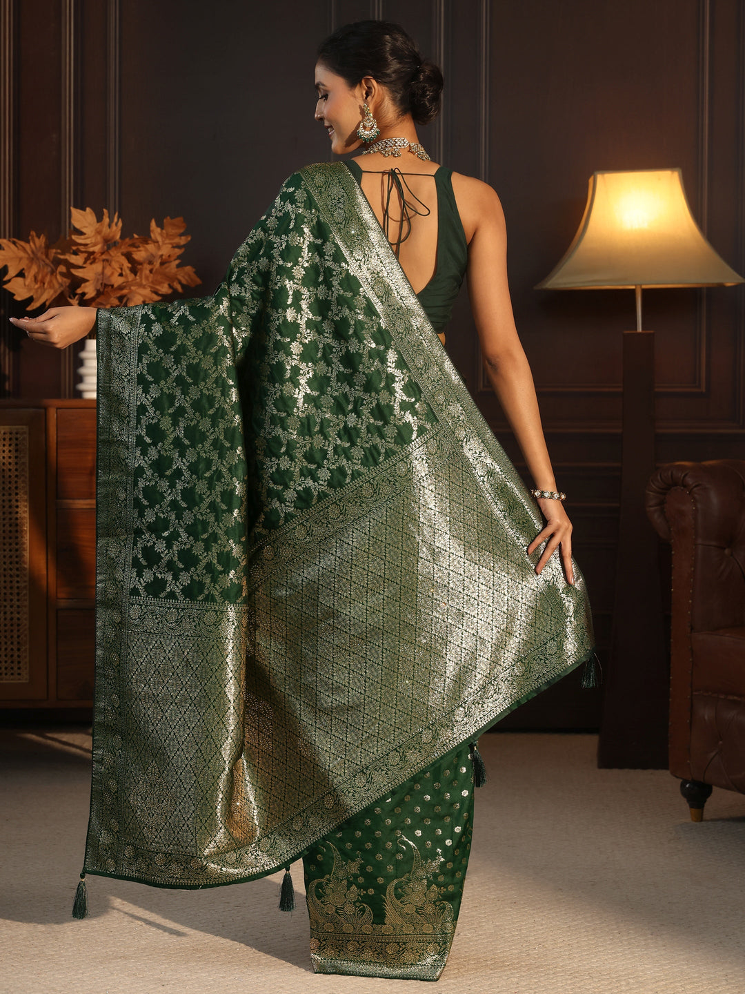  Libas Dark Green Floral Woven Design Tissue Saree 