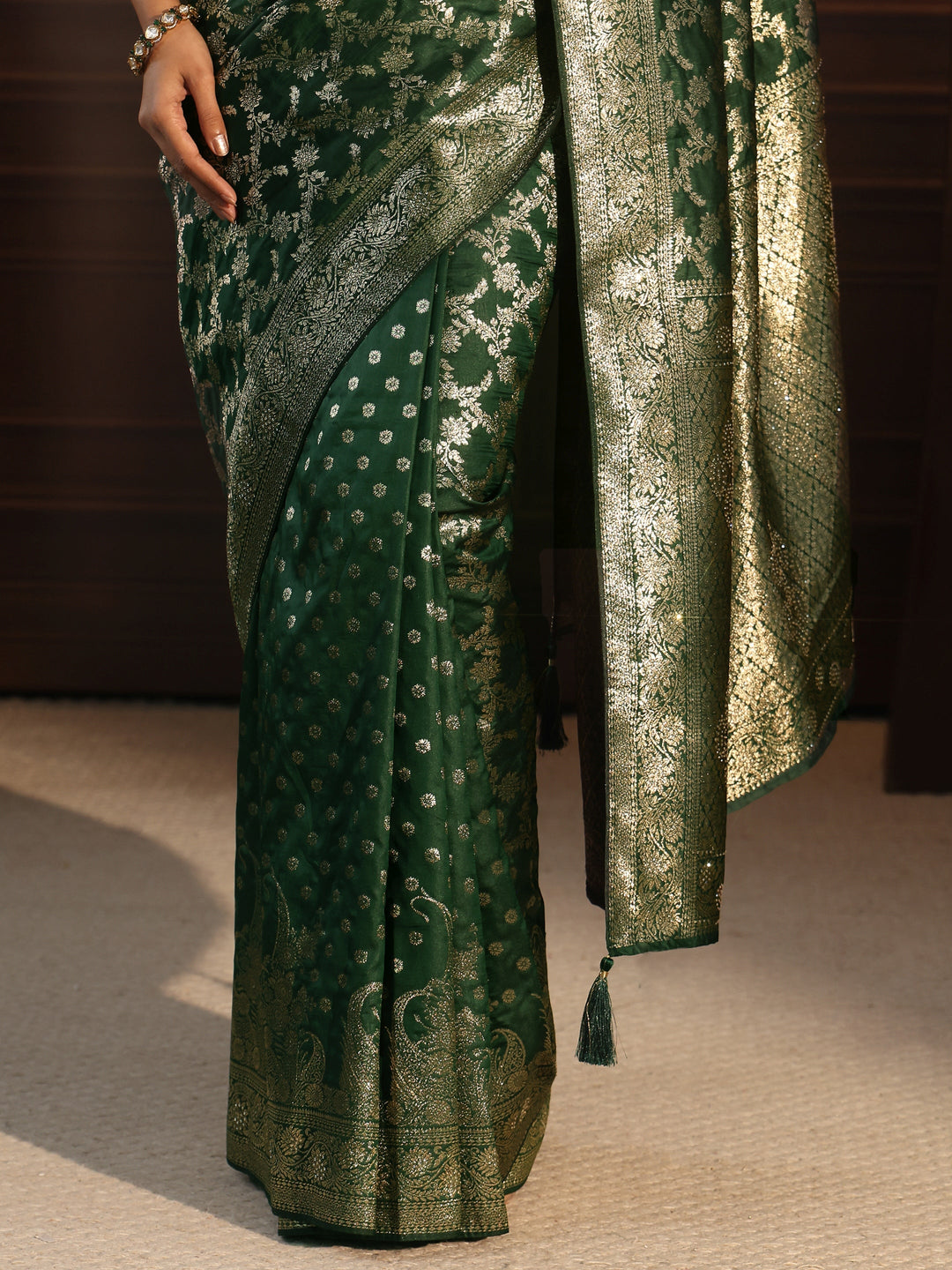  Libas Dark Green Floral Woven Design Tissue Saree 