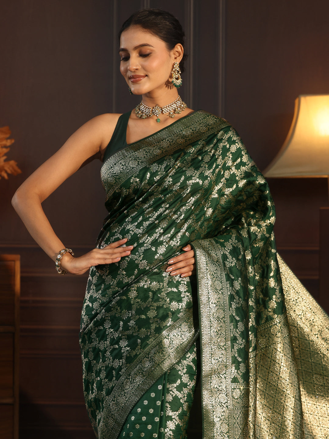  Libas Dark Green Floral Woven Design Tissue Saree 
