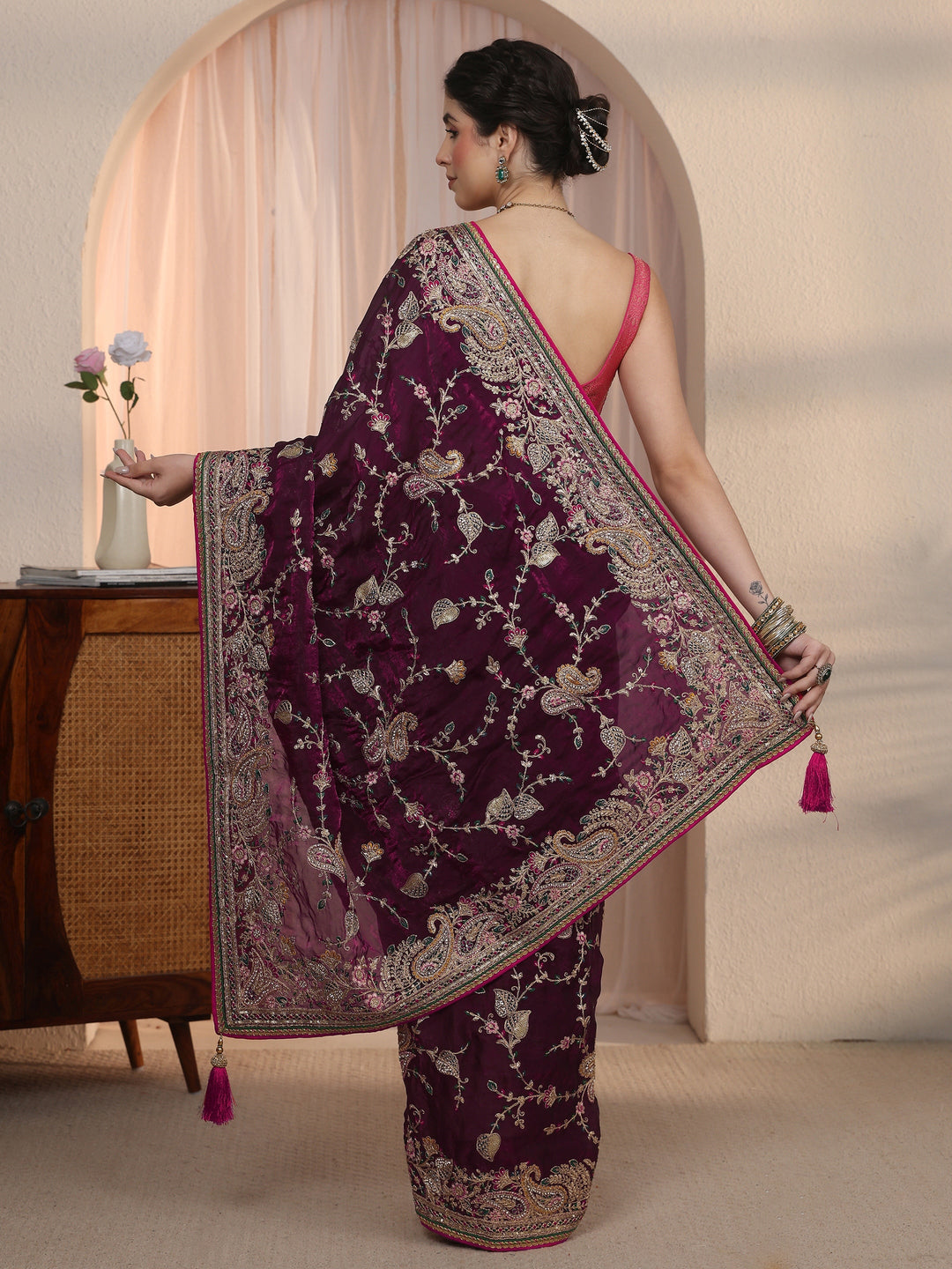  Libas Art Wine Floral Embroidered Tissue Saree 