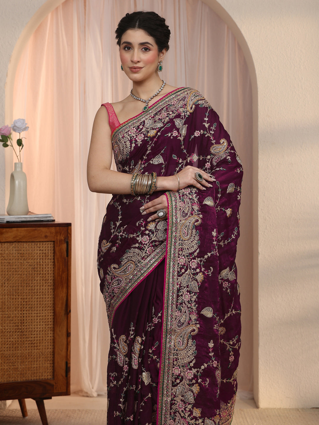  Libas Art Wine Floral Embroidered Tissue Saree 
