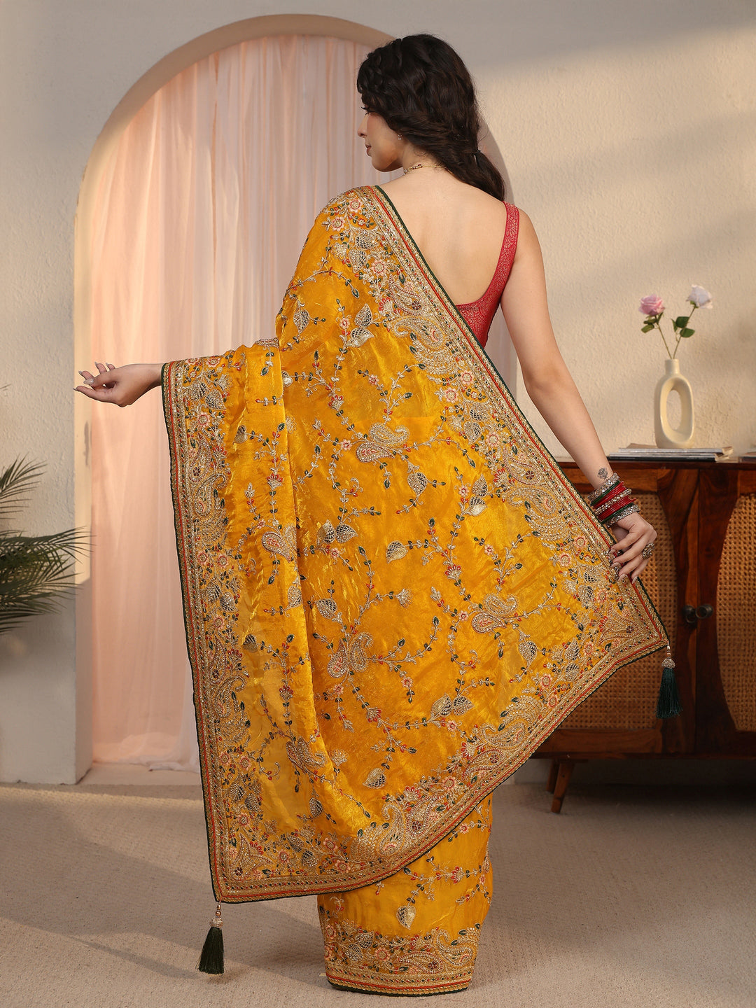  Libas Art Mustard Floral Embroidered Tissue Saree 