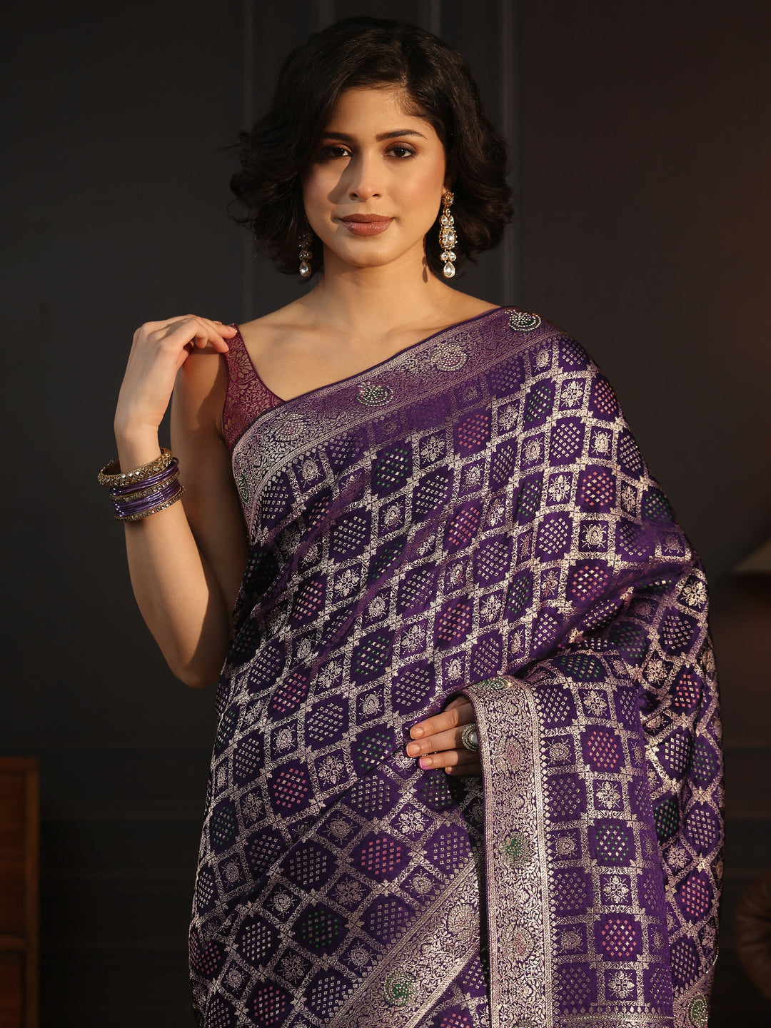 Libas Art Purple Stone Work Embellished Satin Saree 