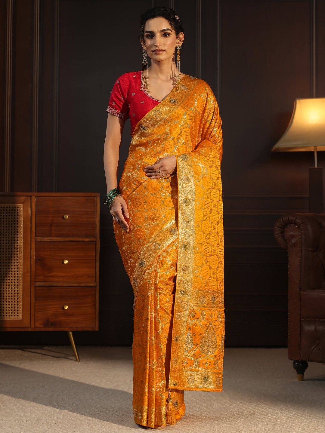  Libas Art Mustard Stone Work Embellished Satin Saree 