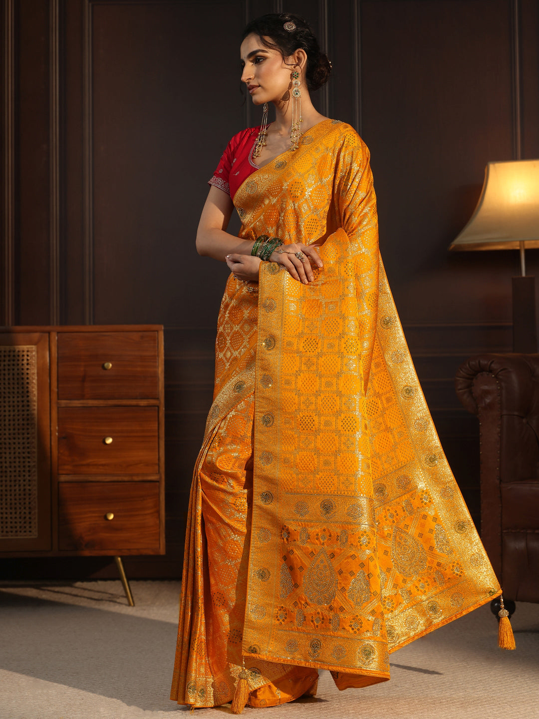  Libas Art Mustard Stone Work Embellished Satin Saree 