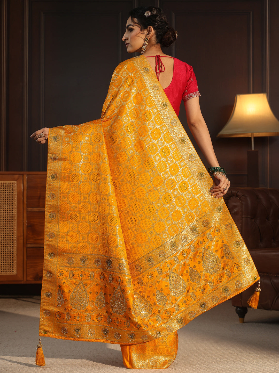  Libas Art Mustard Stone Work Embellished Satin Saree 